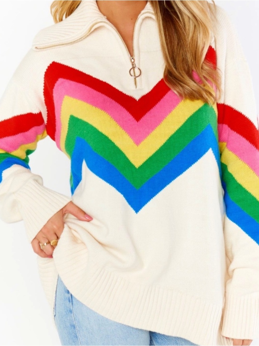 Show Me Your Mumu Weston Half Zip Oversized Pullover Rainbow Chevron Sweater M
